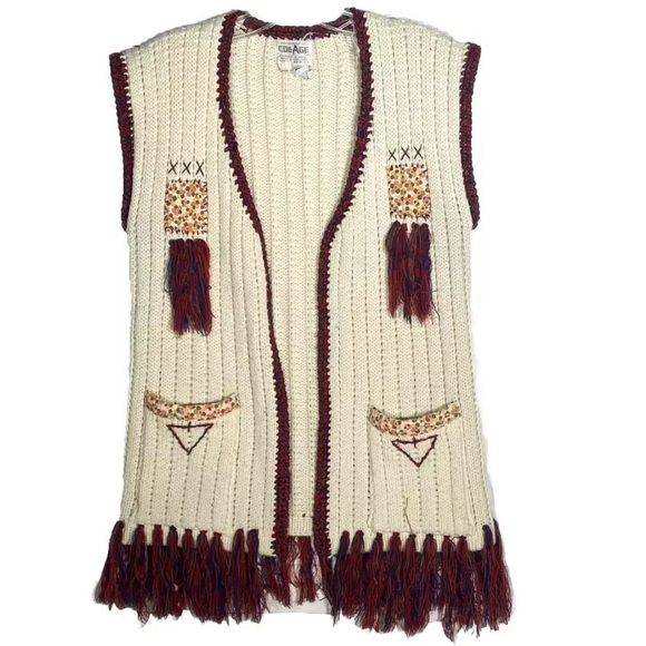 Vintage Sweaters - Vintage 70s Beige Knit Sweater Vest Embroidered Fringed